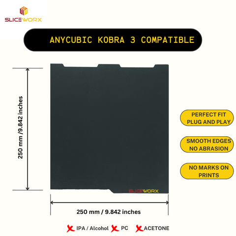 SLICEWORX Flex Dipped Plate Textured Spring Steel Sheet 250x250mm for Anycubic KOBRA3 3D PRINTER